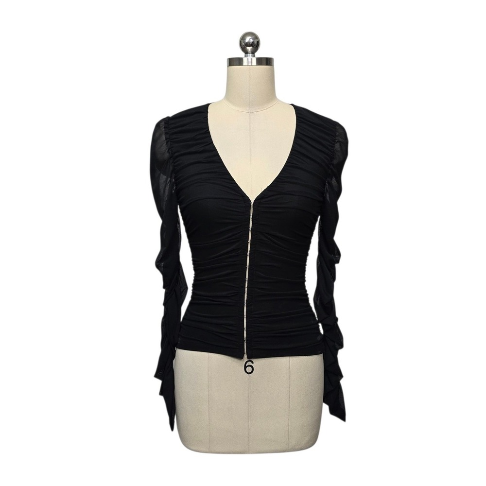 Maeve Ruched Sheer Mesh V-Neck Long Sleeve Top Black Size XXS NWT 0104481171‎